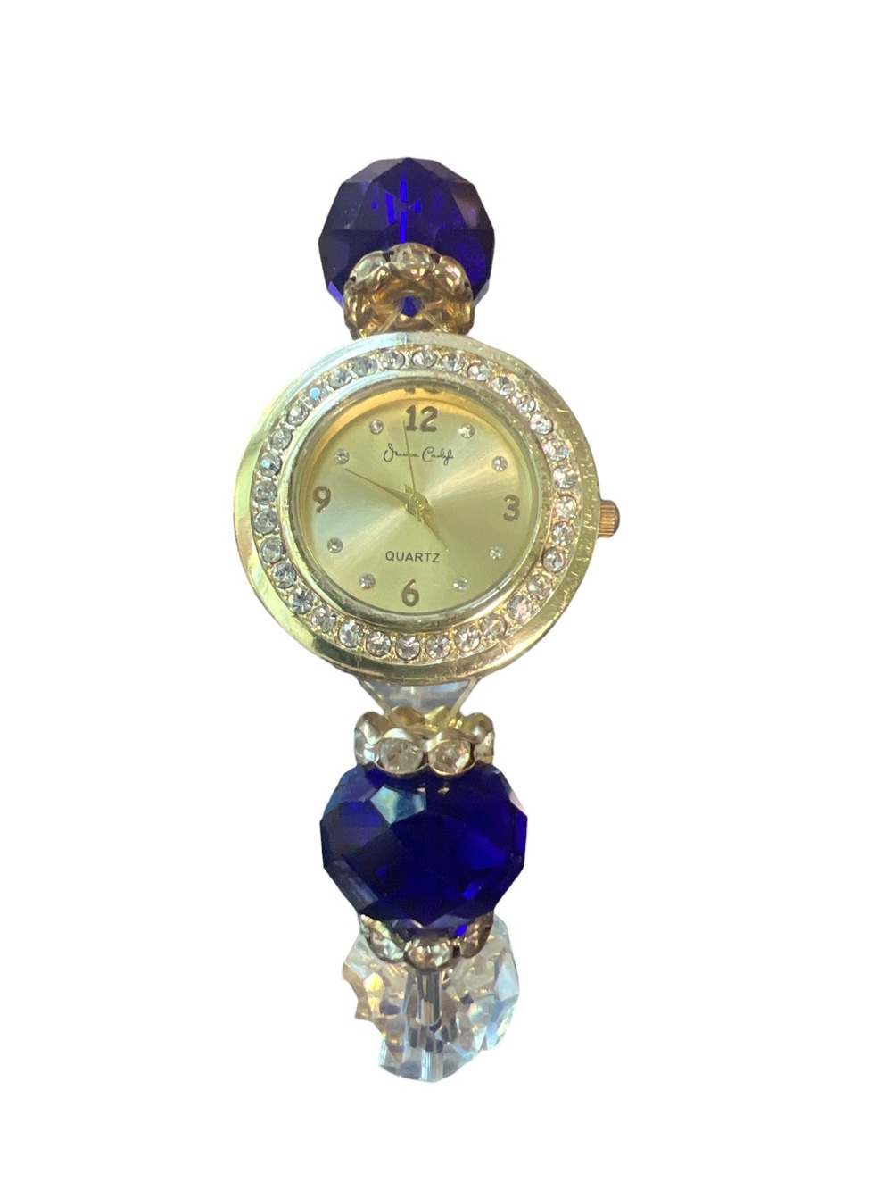Jessica Carlyle 9196 Blue Crystal Stretch Bracelet Watch Gold Tone Rhinestone